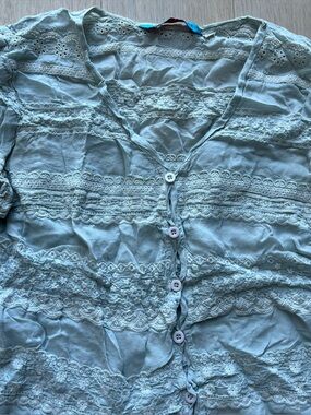 Johnny Was Aqua Blue Crochet-Trim Blouse